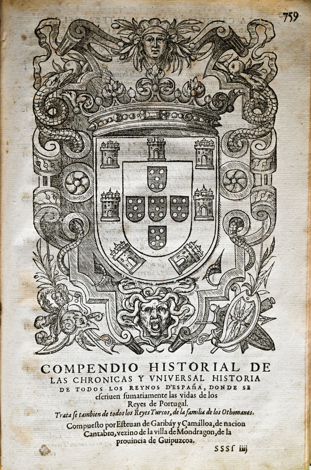 Page de titre gravée d'un ouvrage ancien : blason couronné et titre « Compendio Historial »